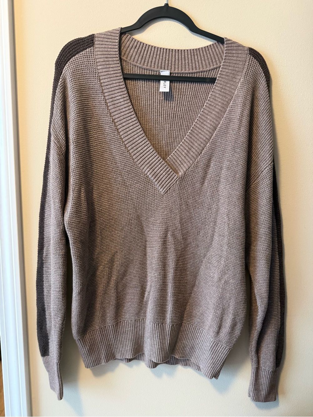 Varley V-Neck Sweater in Taupe with Dark Brown Shoulder Stripe